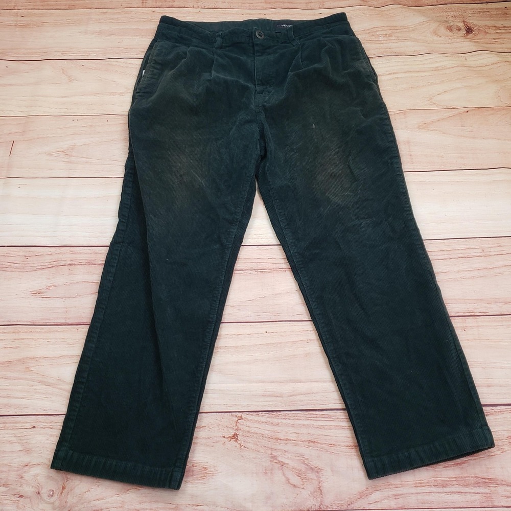 Volcom‎ Pants Mens 36 Green Corduroy Straight Leg Casual Skate Pleated Classic